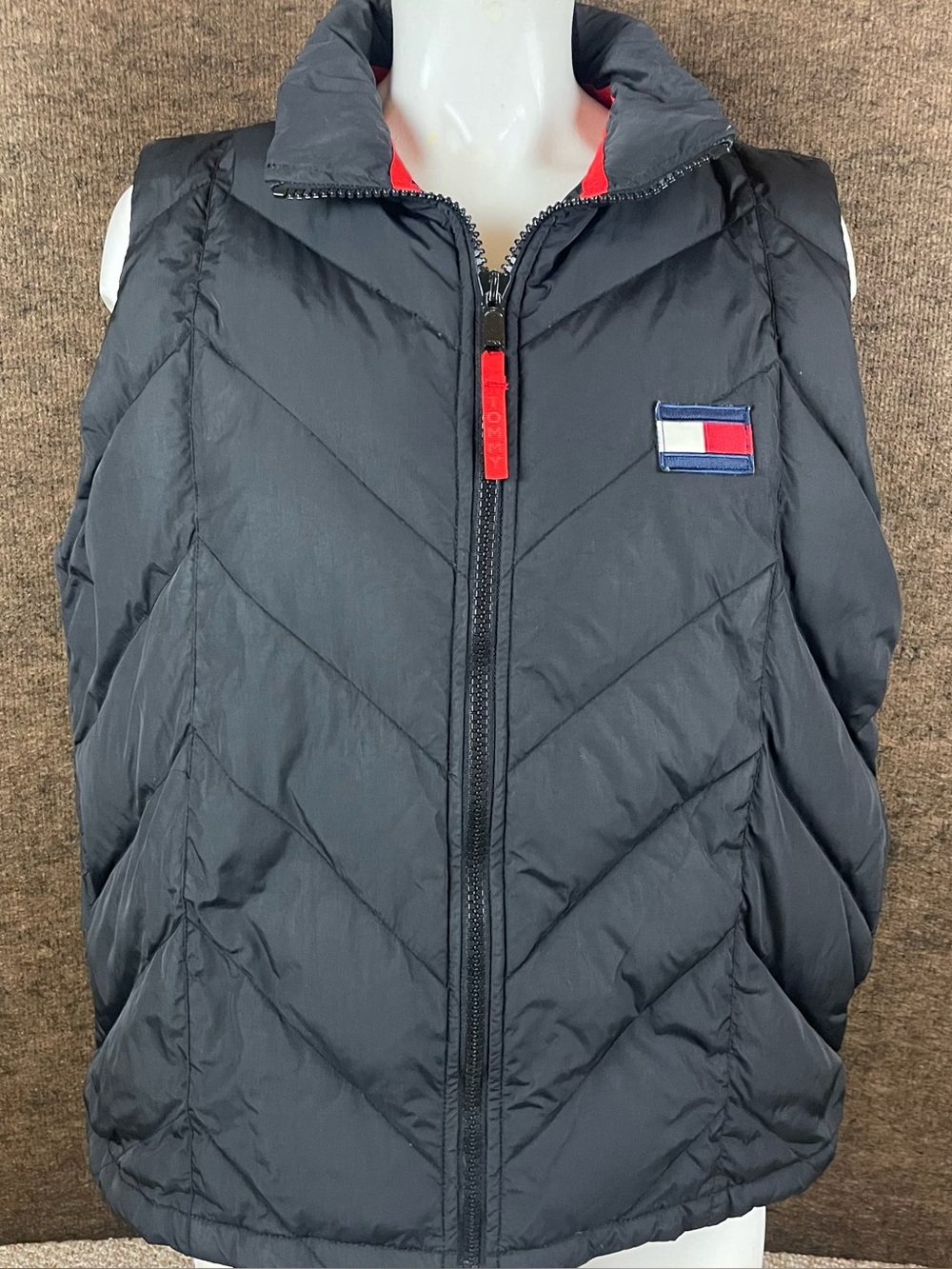 Vintage Tommy Hilfiger Vest Mens XL Down Puffer Black Full Zip Boxy Y2K 90s R2